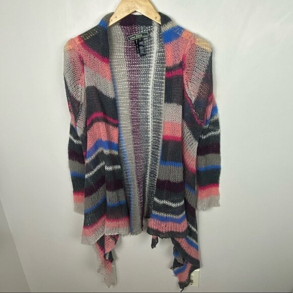 Love Stitch‎ Mohair Pink Grey Blue Striped Open Knit Cardigan Sweater Size Small - Picture 7 of 12